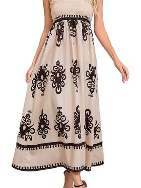 Beige and Black Printed Maxi Skirt - Women's Flowing Vacation Dress